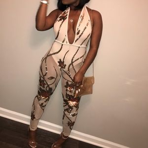 Nude and Rose Gold Sexy Backless Bodysuit